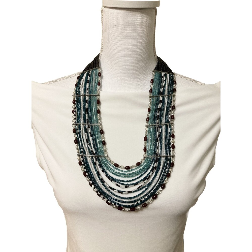 Multistrand Beaded Necklace Blue Turquoise Tribal Boho Necklace